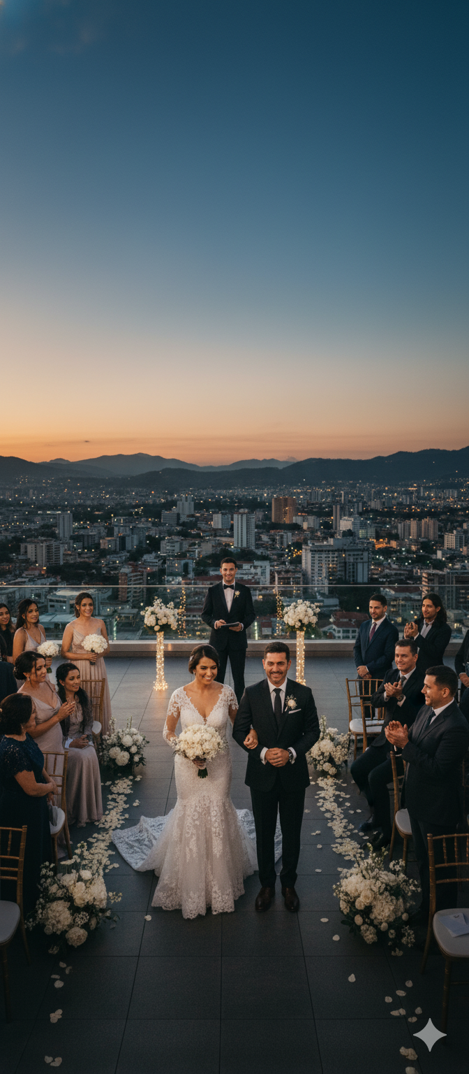 Ceremonia de boda moderna con vistas a la ciudad de San José